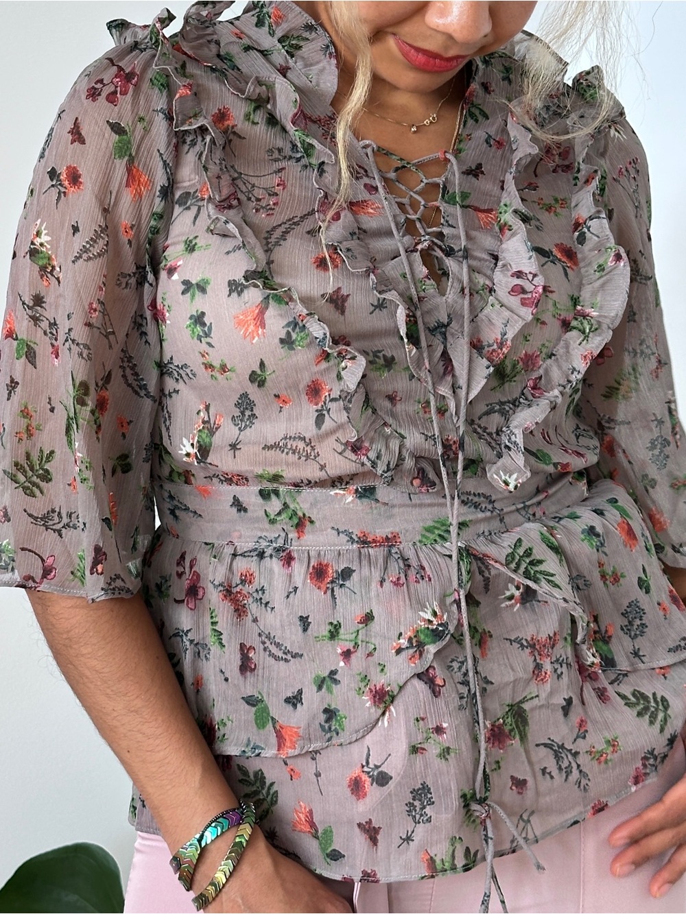 Walter Baker Sheer Floral Ruffle Tie-Front Blouse in Mauve with Multicolor Print